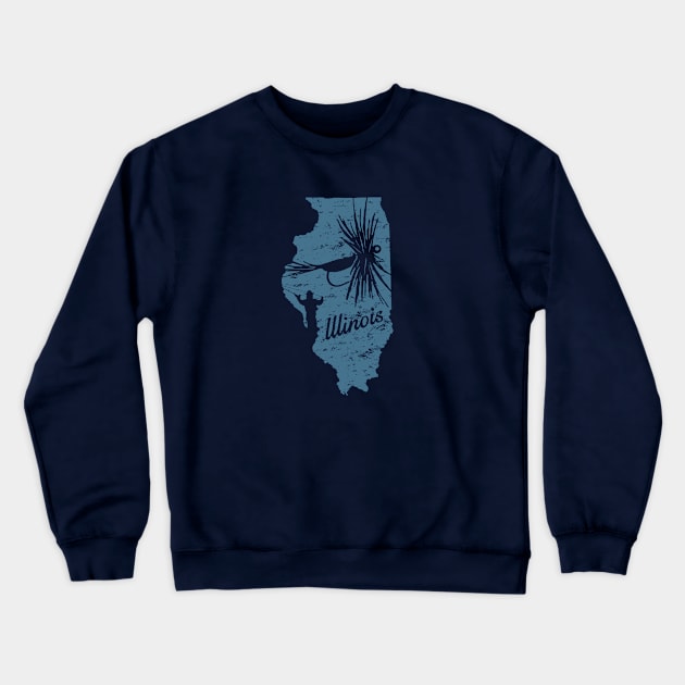 Illinois Distressed Fly Fishing State Map Crewneck Sweatshirt by TeeCreations